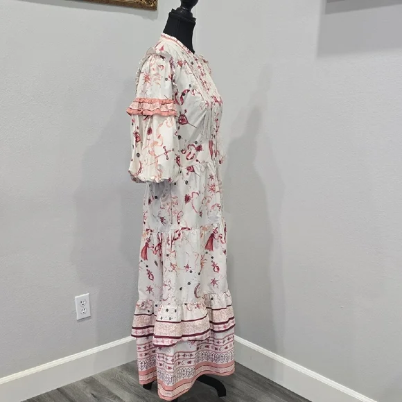 Marchesa Rosa Parker Midi Dress Button Down Puff Sleeve Cream Red Size 8 - Picture 6 of 10